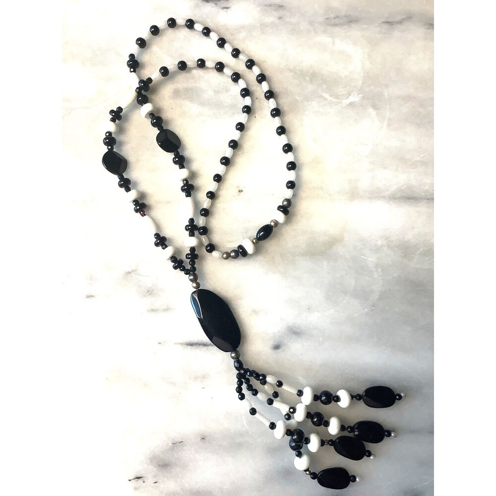 Vintage Lariat Necklace Black & White Beaded Flapper 28" + 6" Tassel Pendant